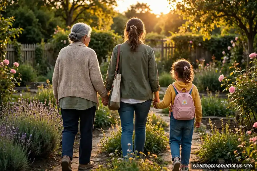 Three generations of a family holding hands walking through a sunlit garden at golden hour, seen from behind