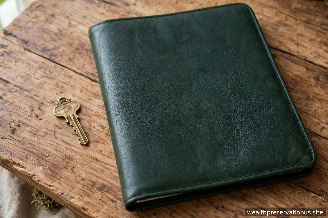 Small brass key beside a dark green leather-bound folder on a wooden table in soft natural light