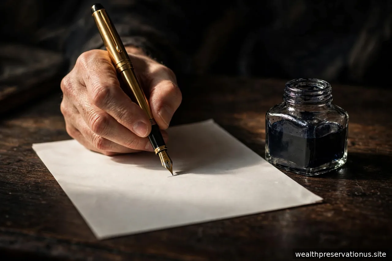 Fountain pen signing a document on a dark wooden desk with an inkwell nearby in dramatic side lighting
