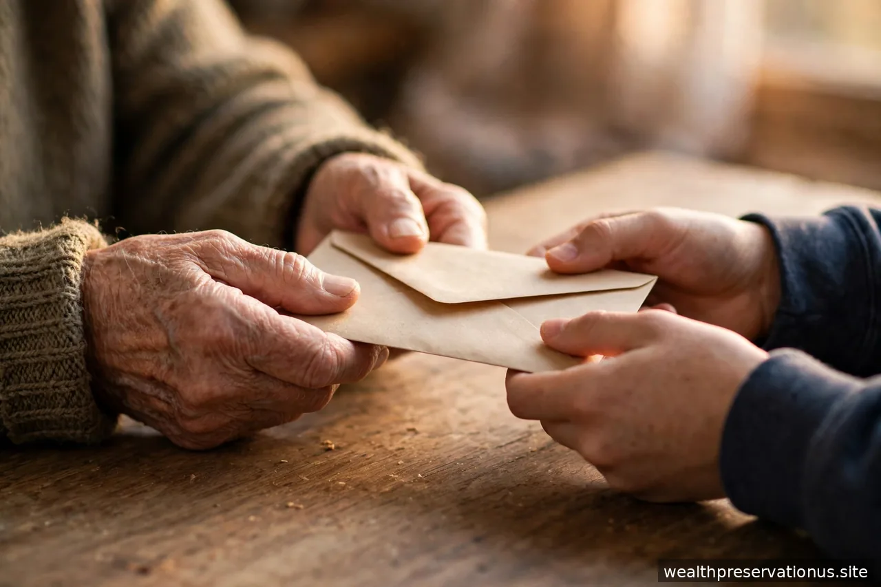 Older hands passing a sealed envelope to younger hands across a table in warm light