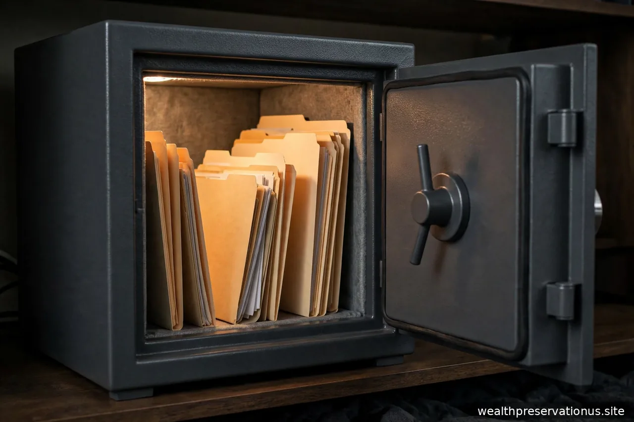 Open fireproof home safe revealing document folders inside, warm interior light