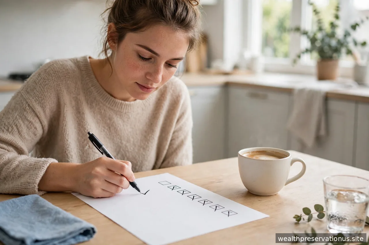 Person checking items off a paper list with a pen at a bright kitchen table, coffee cup nearby