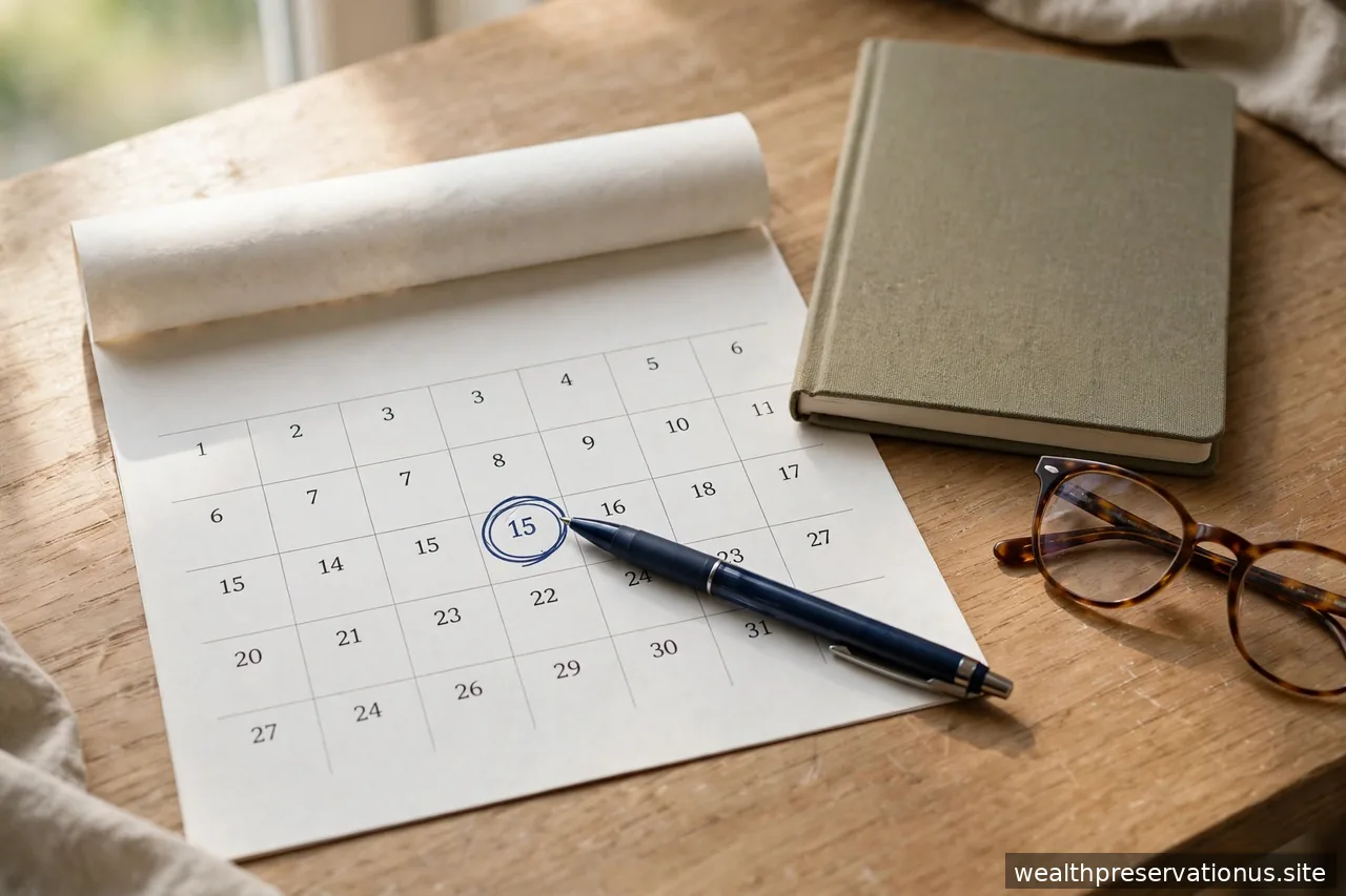 Calendar page on a desk with a pen circling a date, reading glasses and notebook beside it in soft daylight