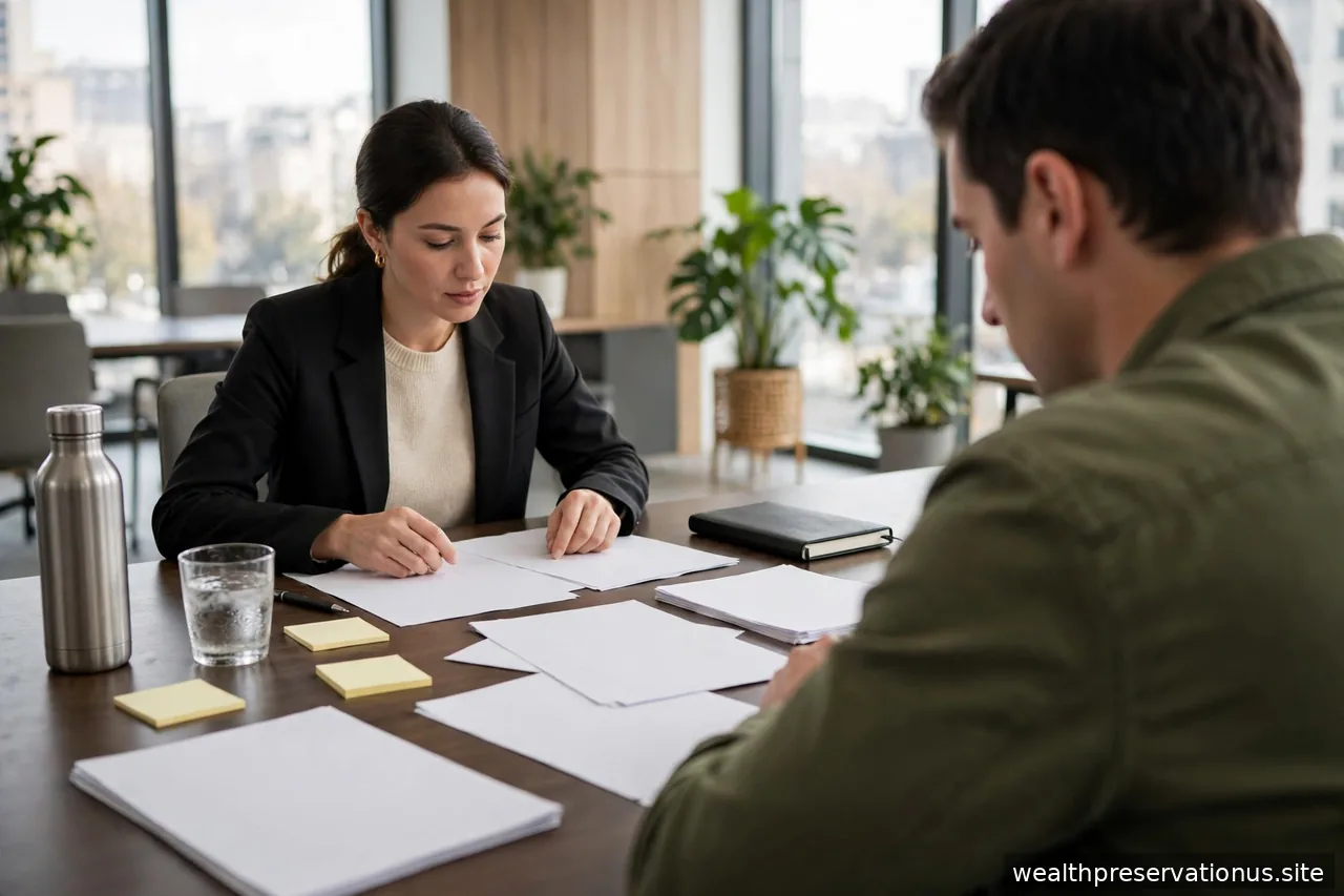 Two people reviewing documents together at a conference table in a bright office, over-the-shoulder view