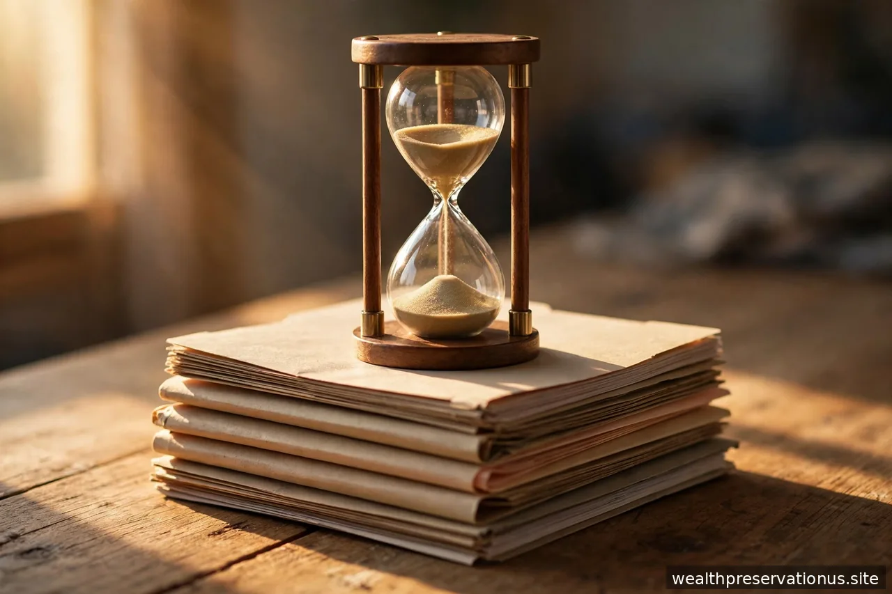 Hourglass on top of a stack of folders on a wooden desk in warm side light