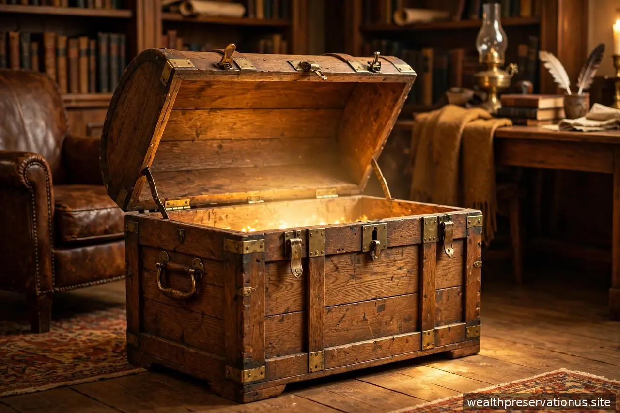 Oak treasure chest with brass fittings slightly open in a warm study, glowing light from within