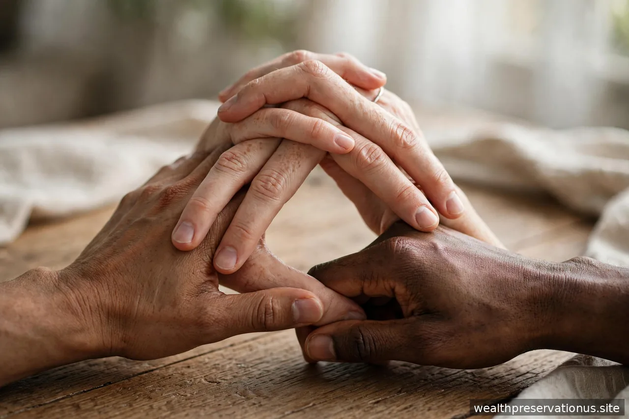 Three interlocking hands forming a triangle over a wooden table in soft light