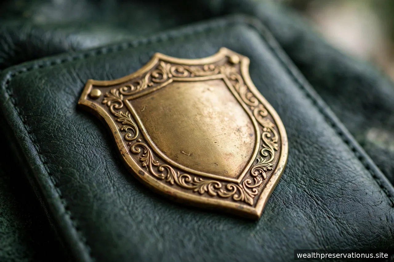 Shield-shaped brass emblem on a dark green leather portfolio, close-up