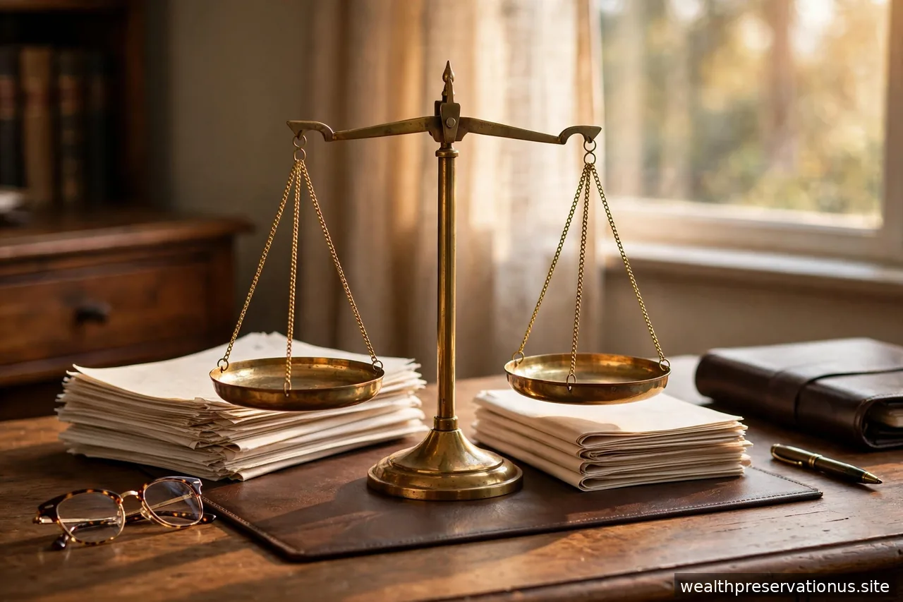 Balanced brass scale on a lawyer's desk with documents on each side in warm window light