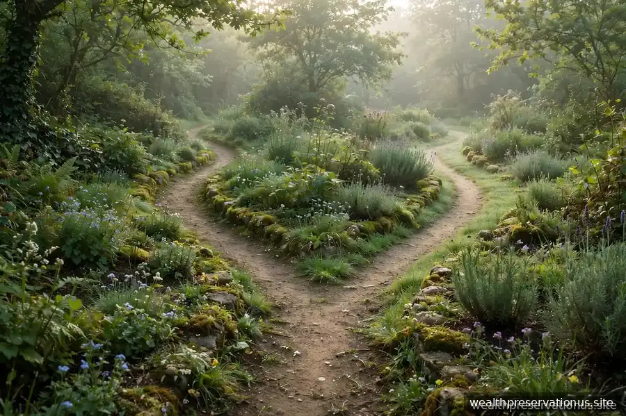 Fork in a garden path with two diverging walkways in soft morning light