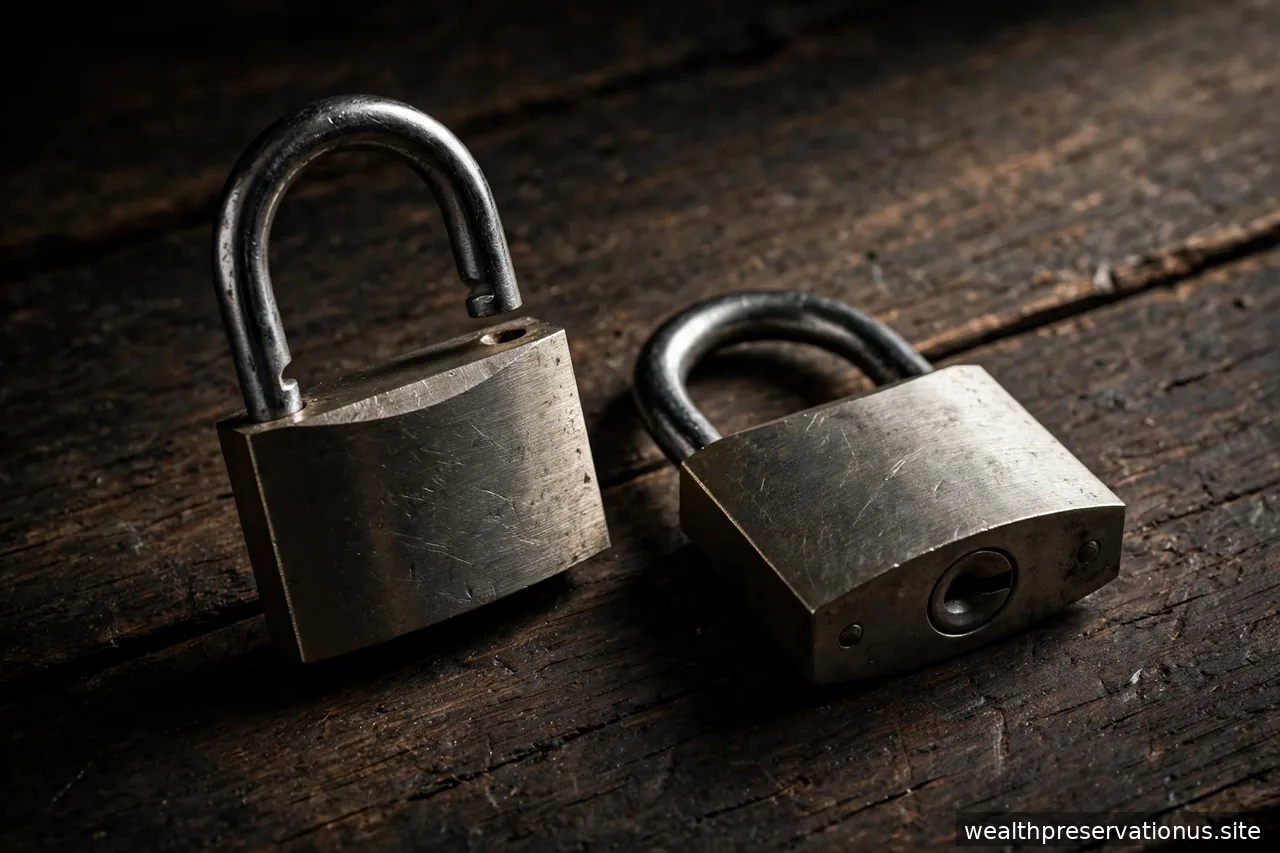 Open padlock beside a closed padlock on a dark wooden surface in dramatic lighting