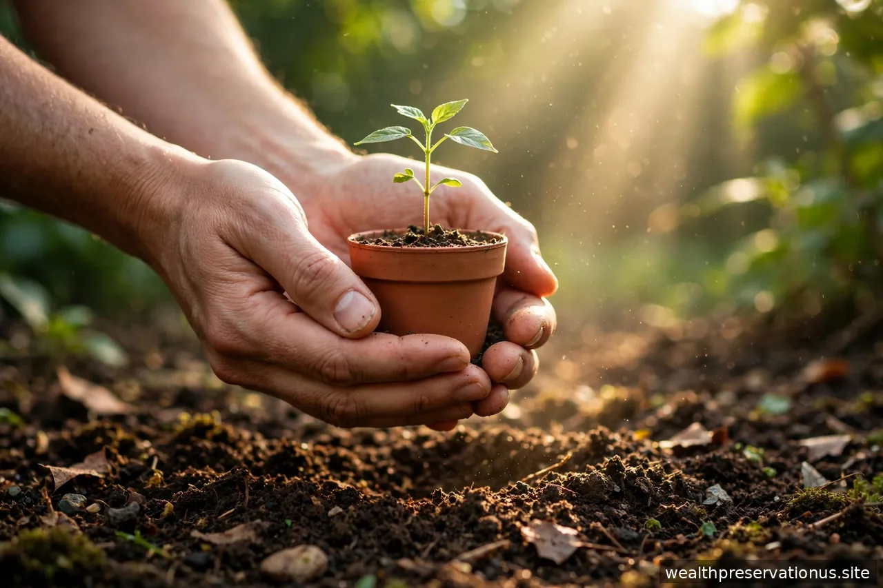 Hands holding a small potted seedling over rich soil with sunlight streaming
