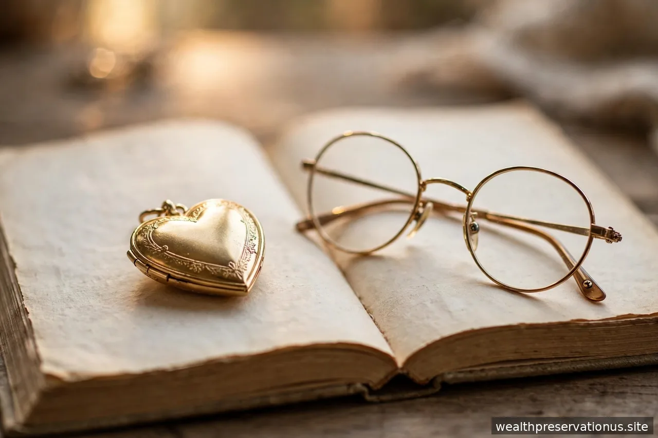 Heart-shaped locket beside reading glasses on an open book in warm light