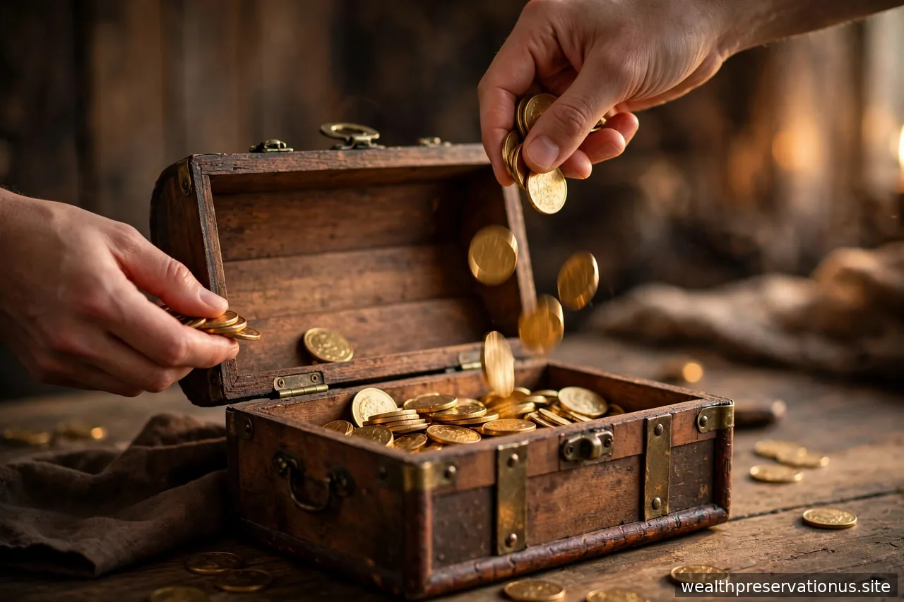 Hands placing gold coins into a wooden chest on a desk in warm light