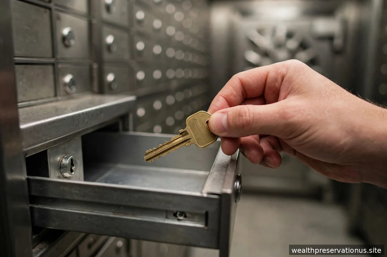 House key being placed into an open safe deposit box drawer, bank vault background blurred