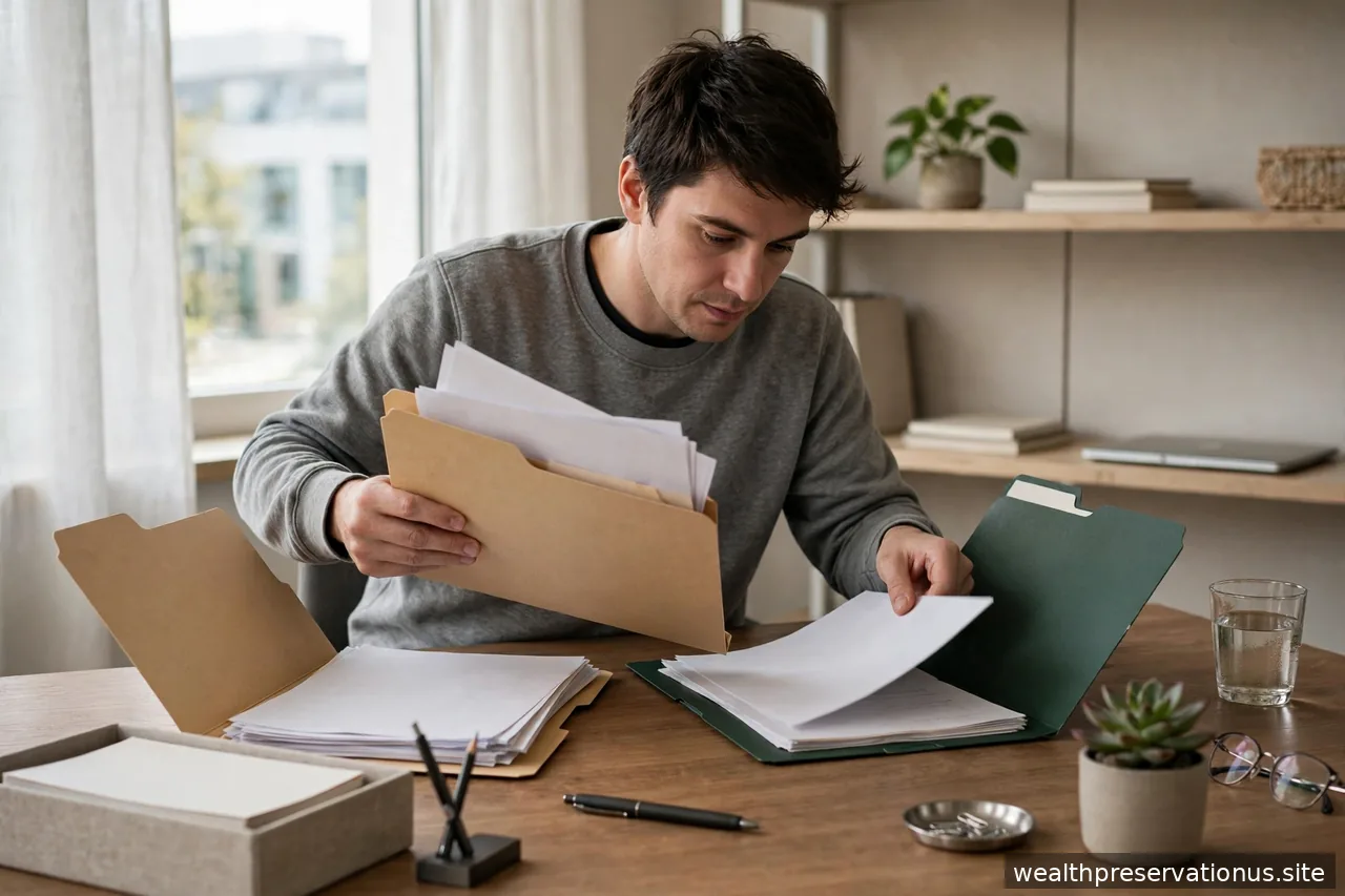 Person transferring papers from one folder to another at a desk in daylight