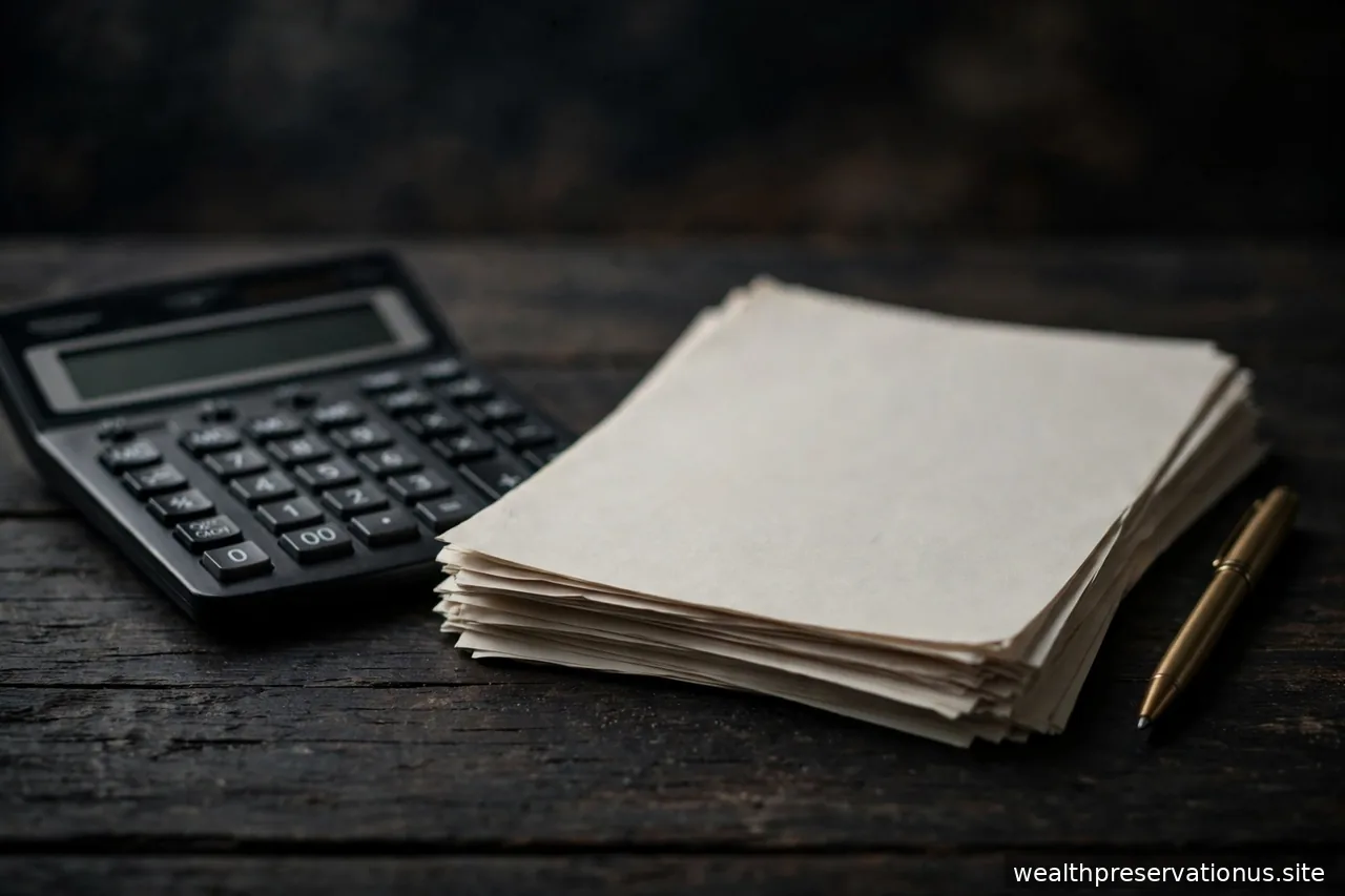 Calculator beside tax forms and a pen on a dark desk in moody lighting