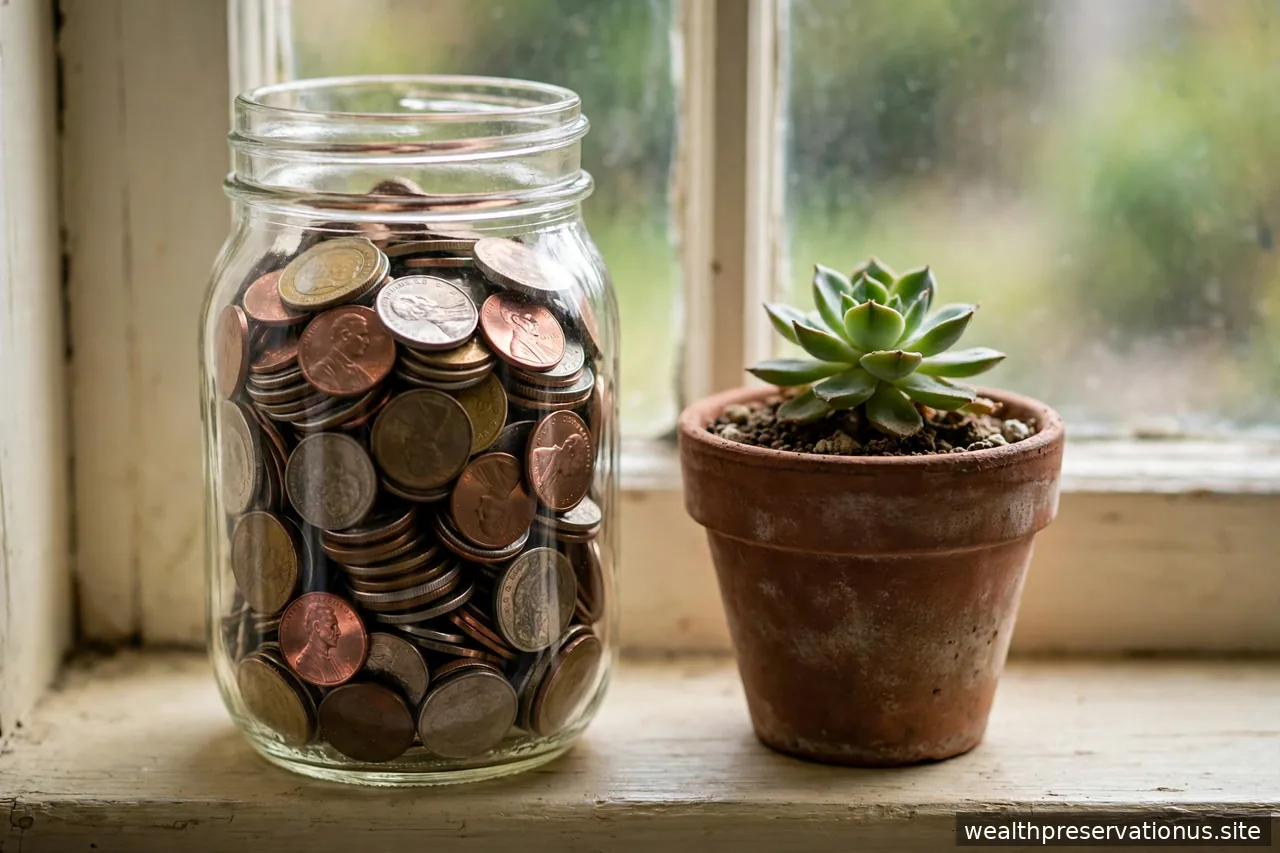 Glass jar filled with coins beside a small potted plant on a windowsill in daylight