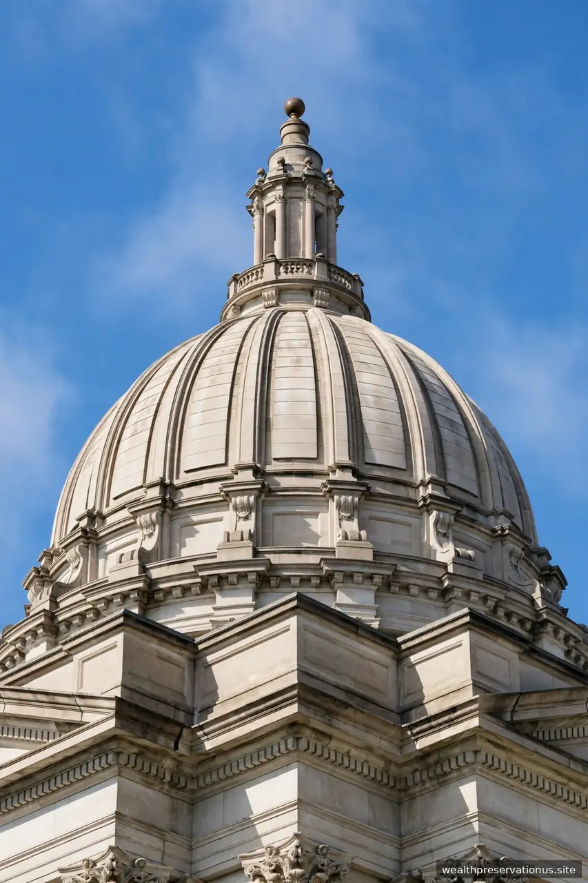 Dome of a government building against a blue sky, low angle