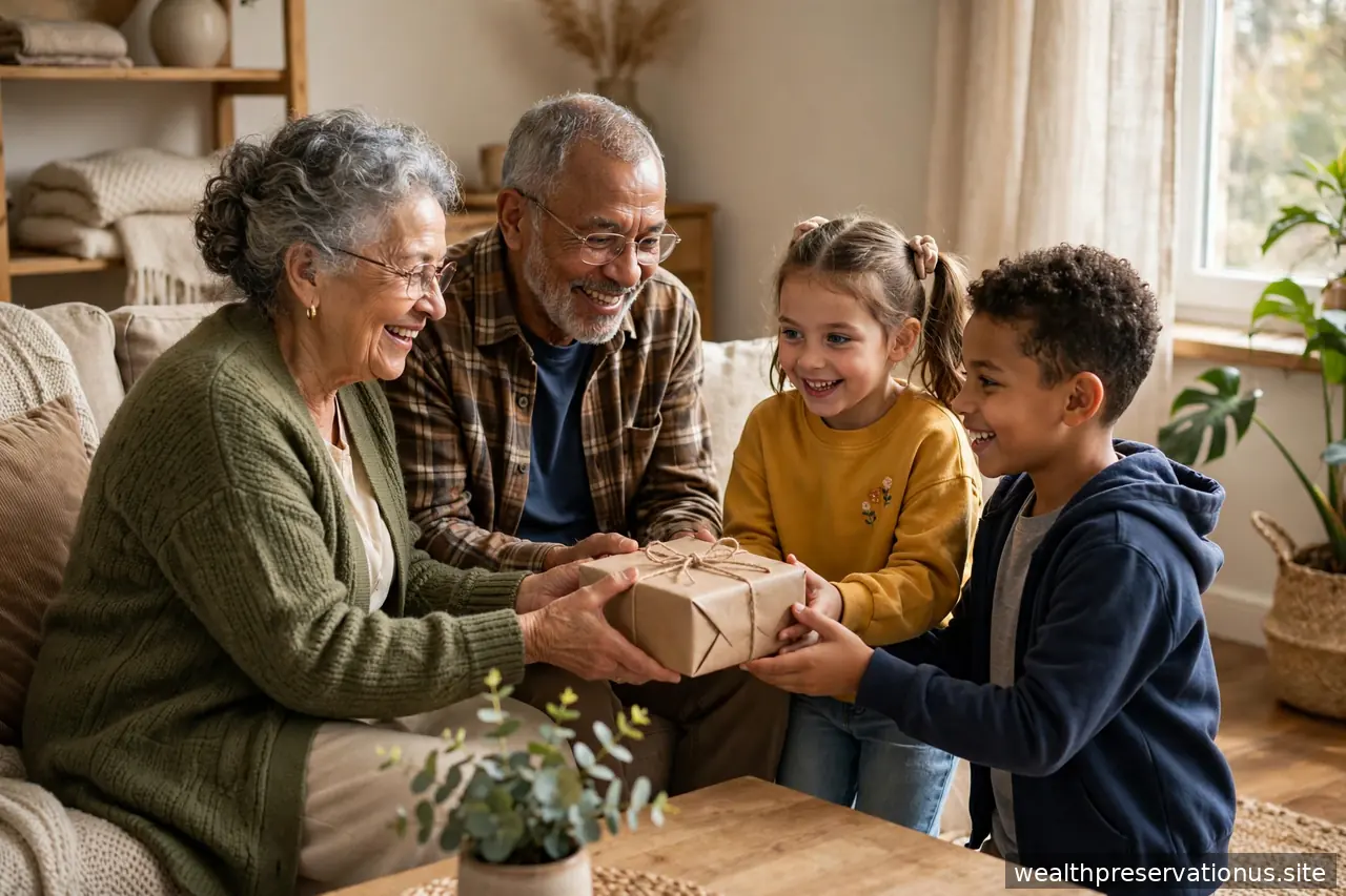 Grandparents giving a gift to grandchildren in a cozy living room in natural light