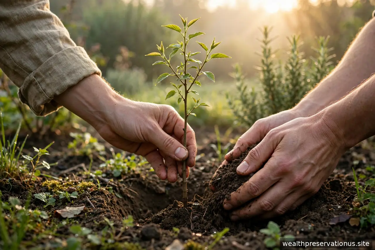 Young tree being planted by hands in a garden at sunrise