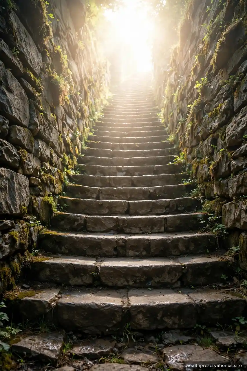 Stone staircase ascending toward bright light, low angle