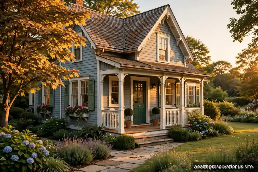 Charming vintage house exterior at golden hour