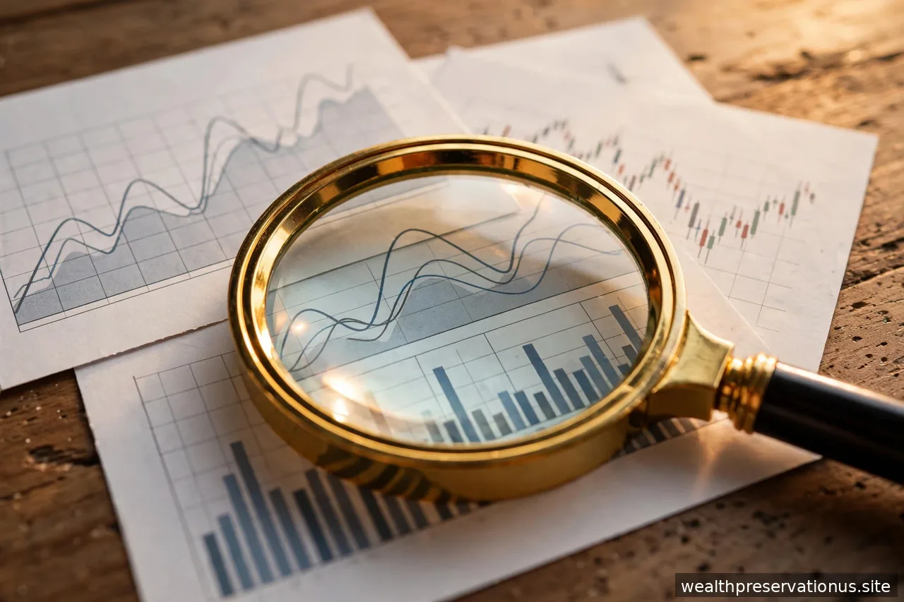 Magnifying glass over financial charts on a desk in warm light, close-up