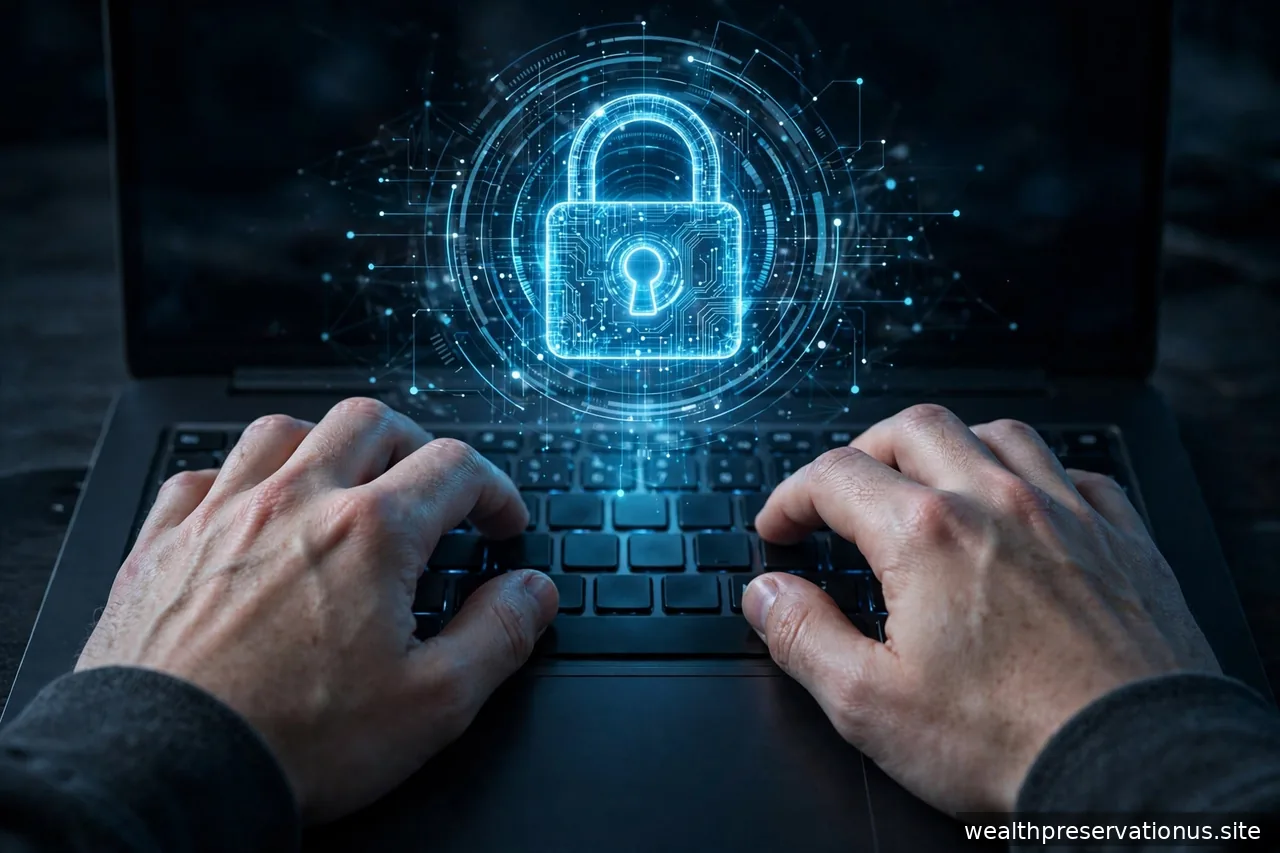 Hands typing on a laptop with a glowing padlock hologram above the keyboard, dark background
