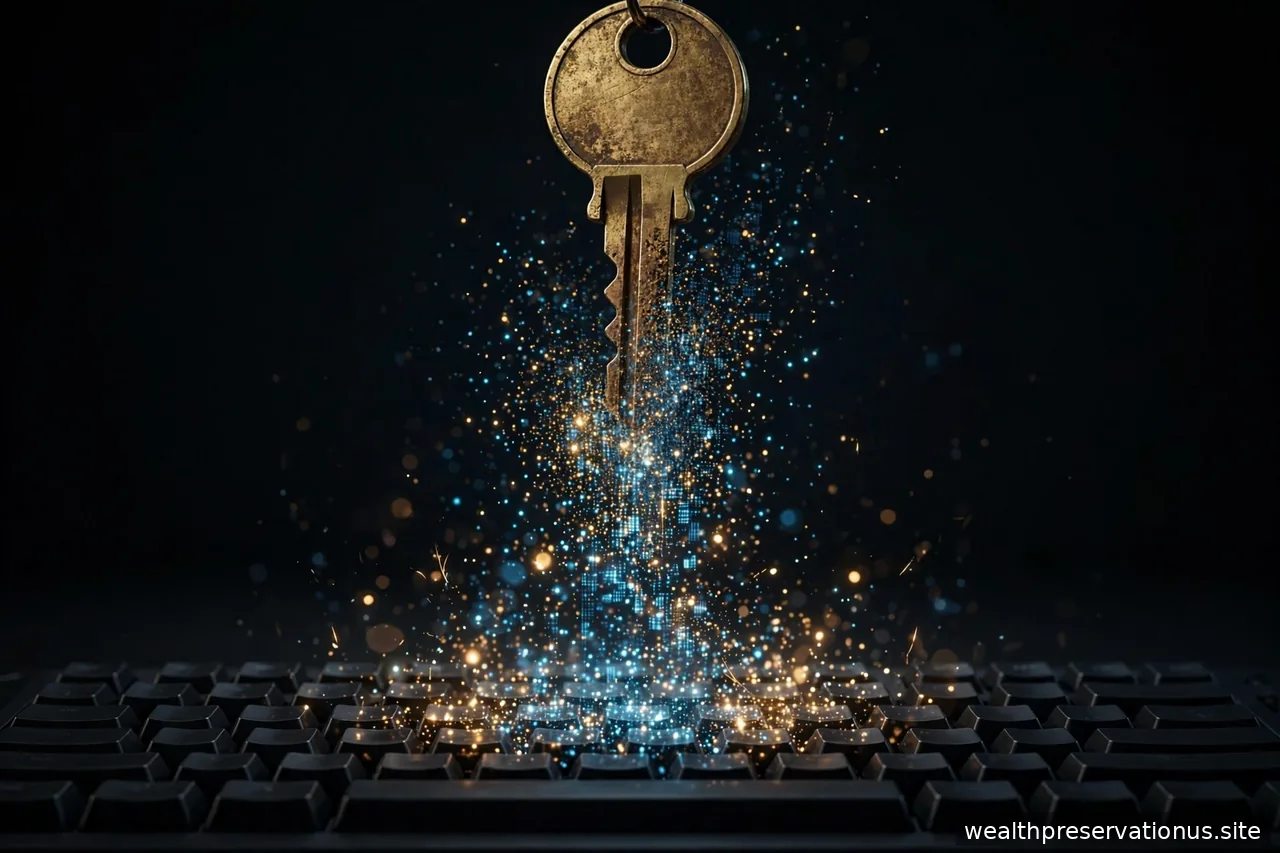 Brass key dissolving into glowing digital particles above a keyboard, dark background