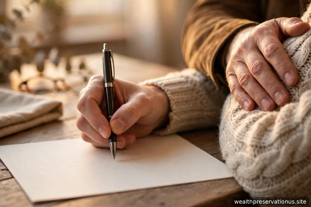 Hand holding a pen over a document while another hand rests reassuringly on their shoulder in warm light