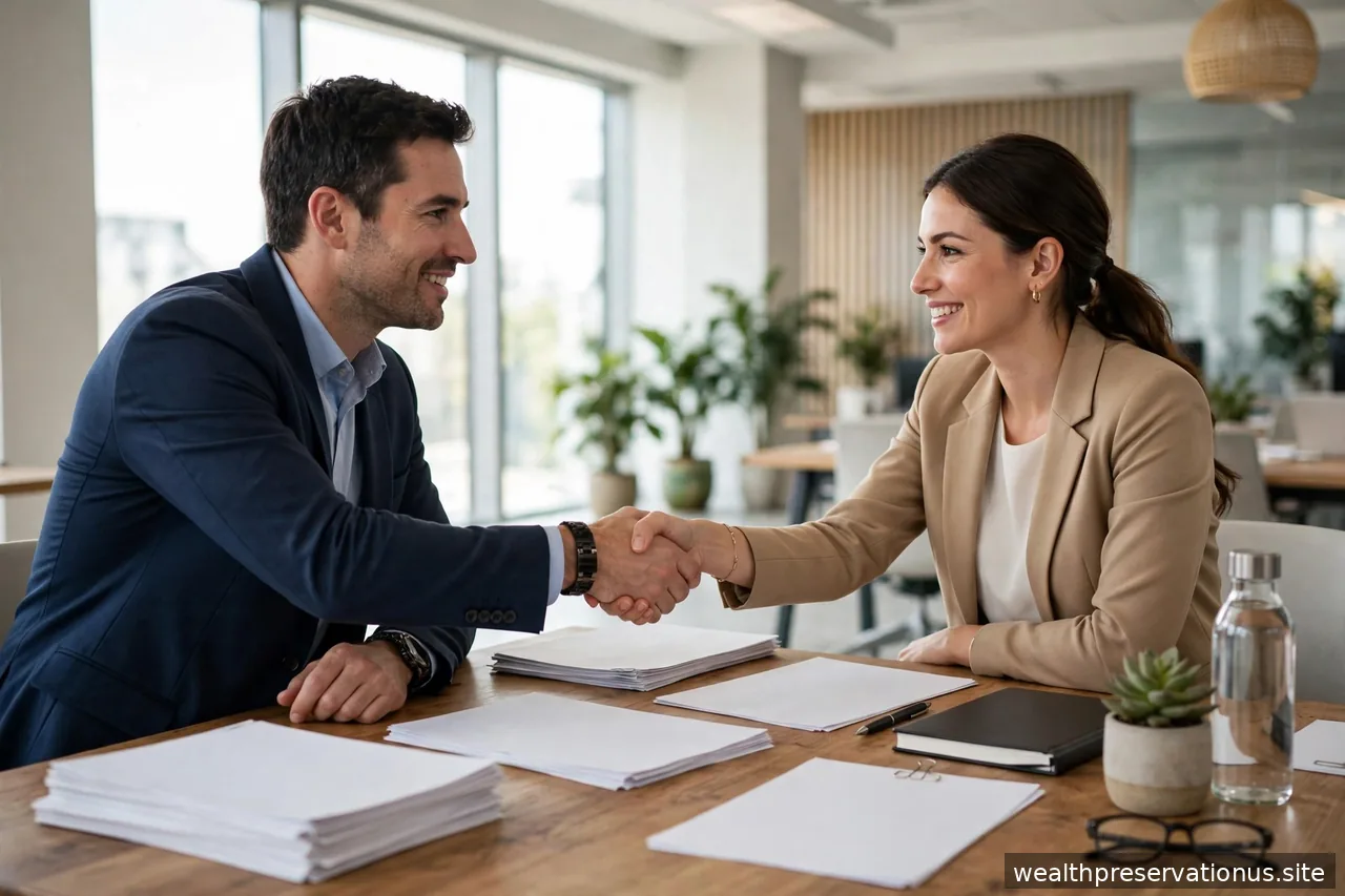 Two people shaking hands across a desk with documents between them in a bright office
