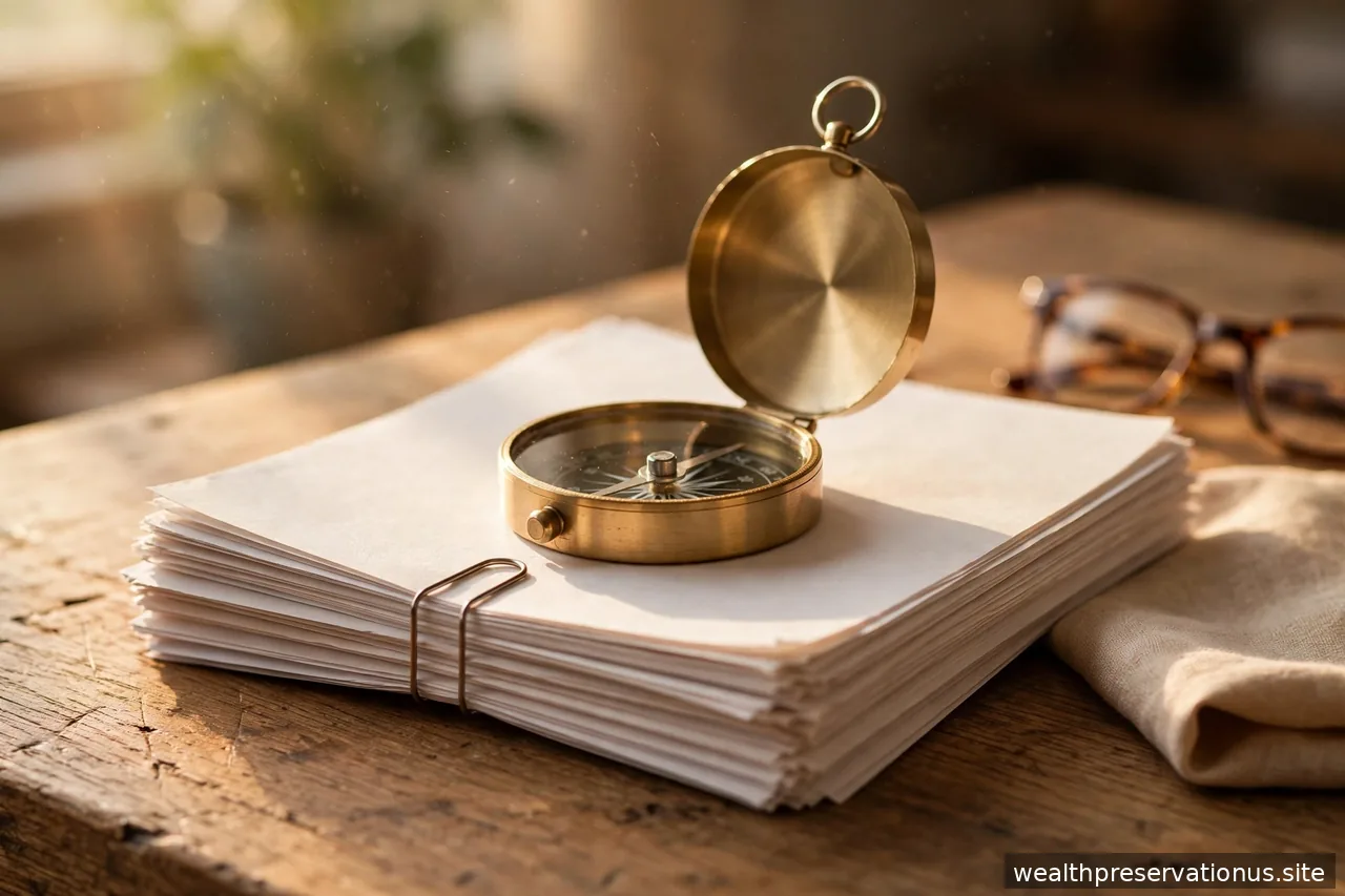 Compass on top of legal documents on a wooden desk in warm light