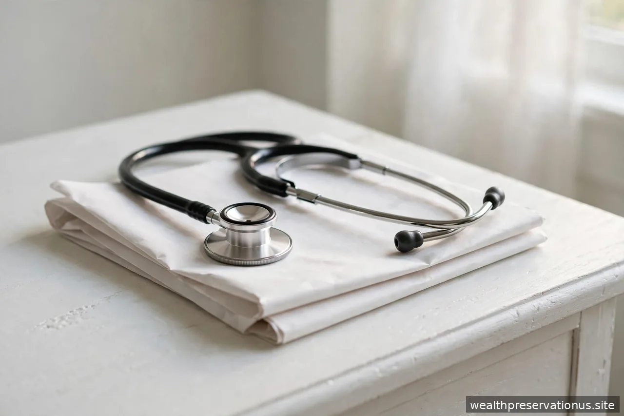 Stethoscope resting on a folded document on a white bedside table in soft window light