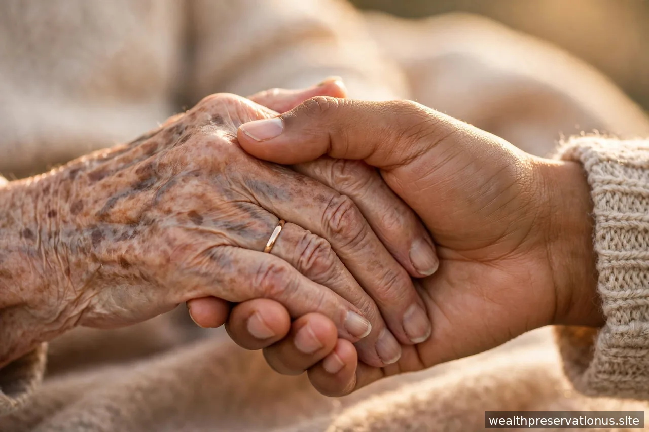 Hands of a caregiver holding the hands of an elderly person, close-up, in warm light