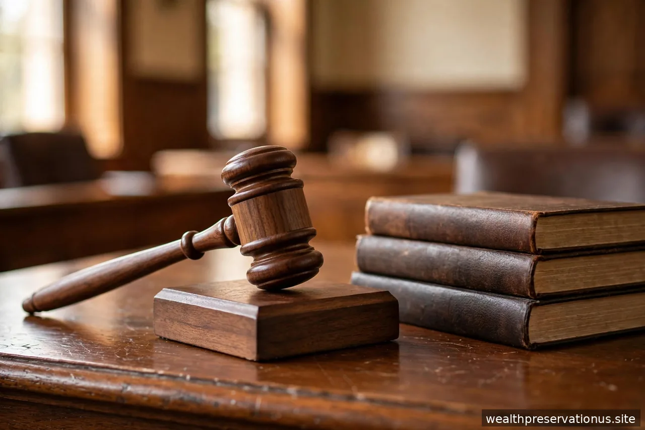 Judge's gavel resting on a sound block beside legal books in warm courtroom light