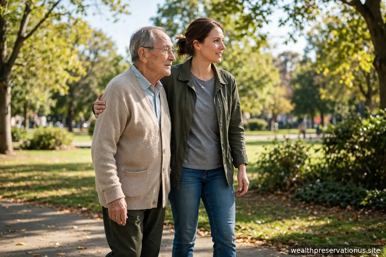Elderly person walking with a caregiver's supportive arm in a sunny park