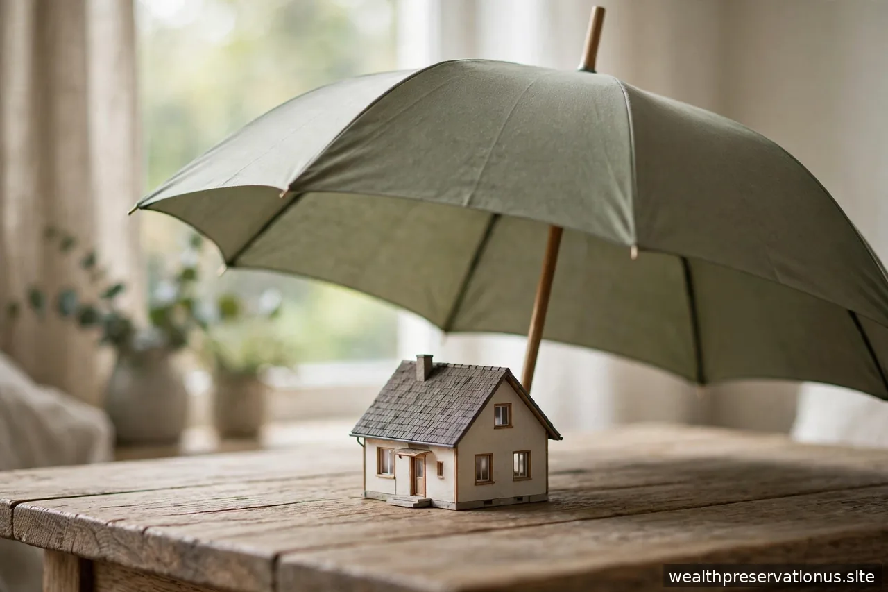 Protective umbrella sheltering a small house model on a table in soft light