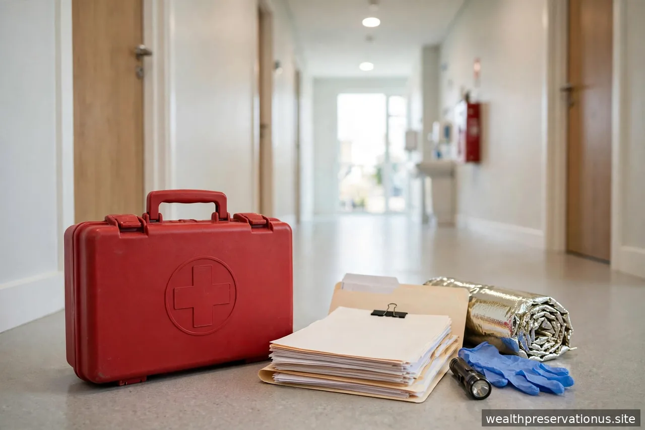 First-aid kit beside emergency documents in a bright hallway