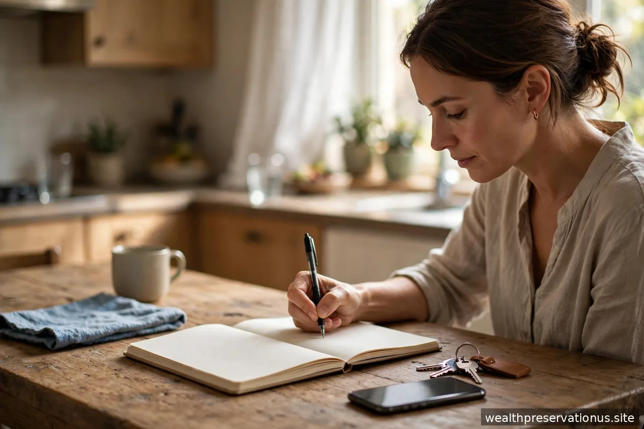 Person writing in a notebook at a kitchen table with phone and keys nearby in morning light