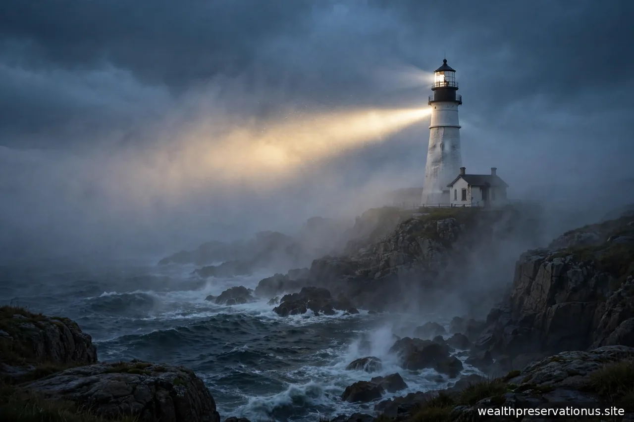 Lighthouse beam cutting through fog at dusk