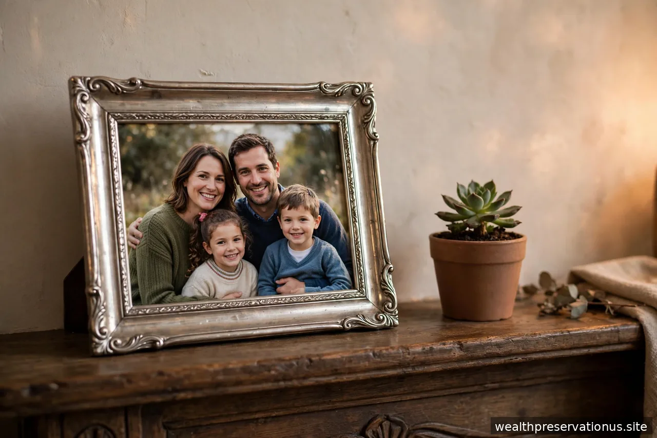 Family portrait in a silver frame on a mantelpiece beside a small plant in warm home light