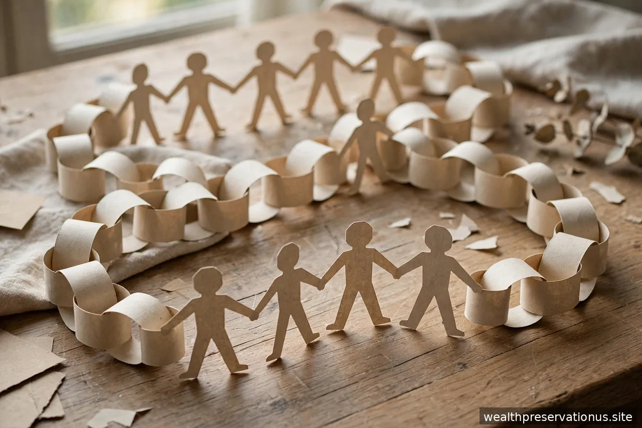 Paper chains of connected people figures on a desk in soft light