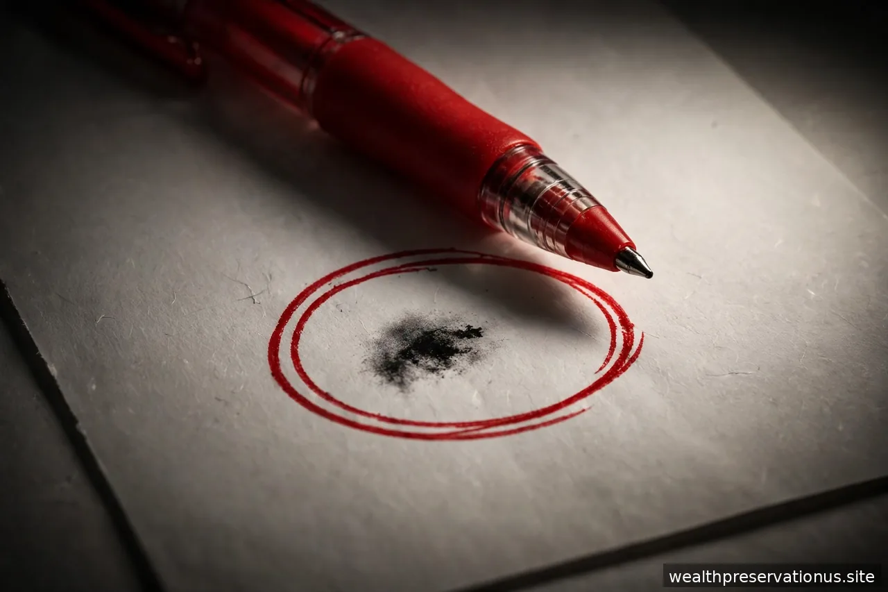 Red pen circling an error on a document, close-up, in dramatic light