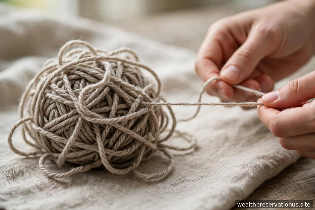 Tangled ball of yarn with one loose end being pulled straight by hands in soft light