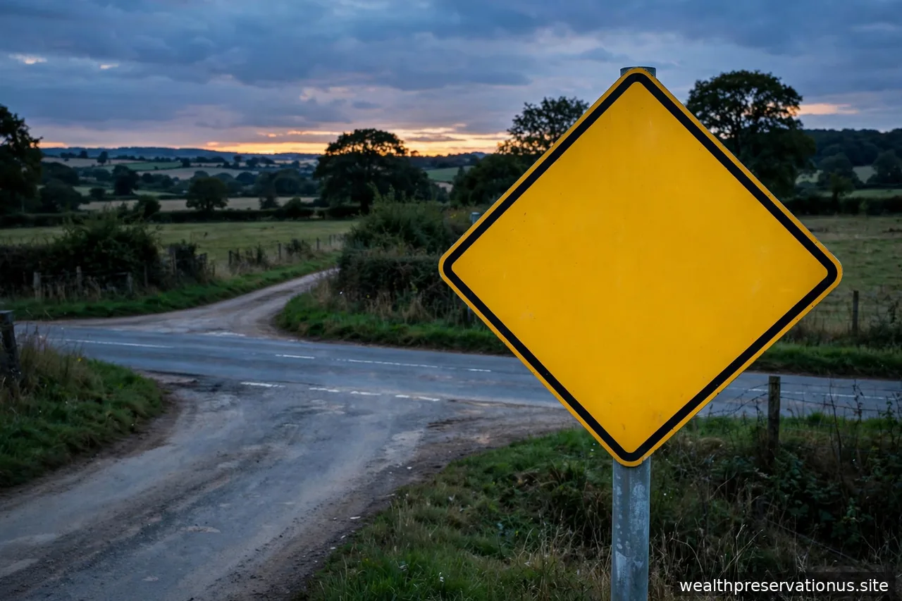 Blank warning road sign at a countryside crossroads at dusk