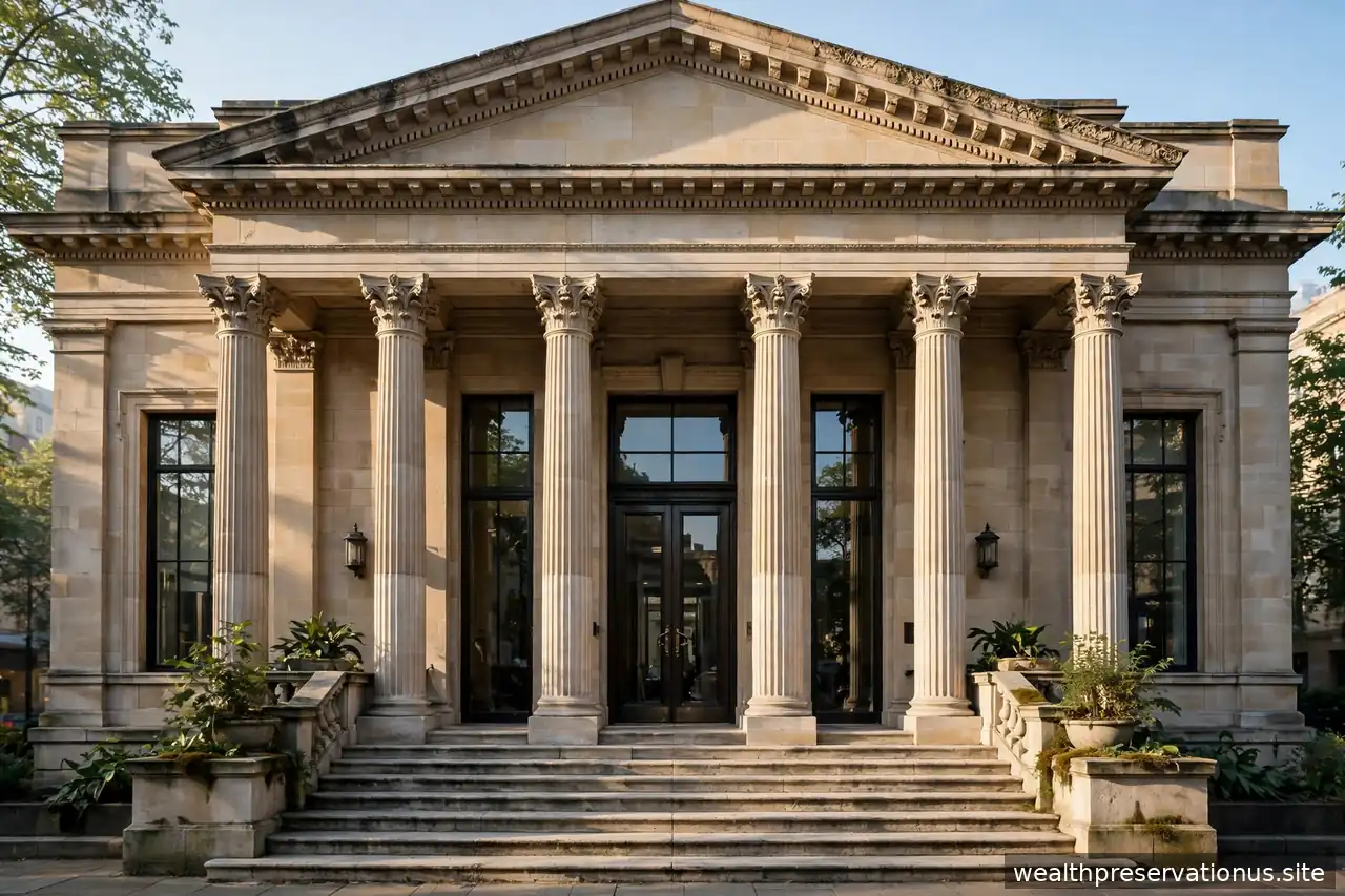 Bank building facade with classical columns in morning light