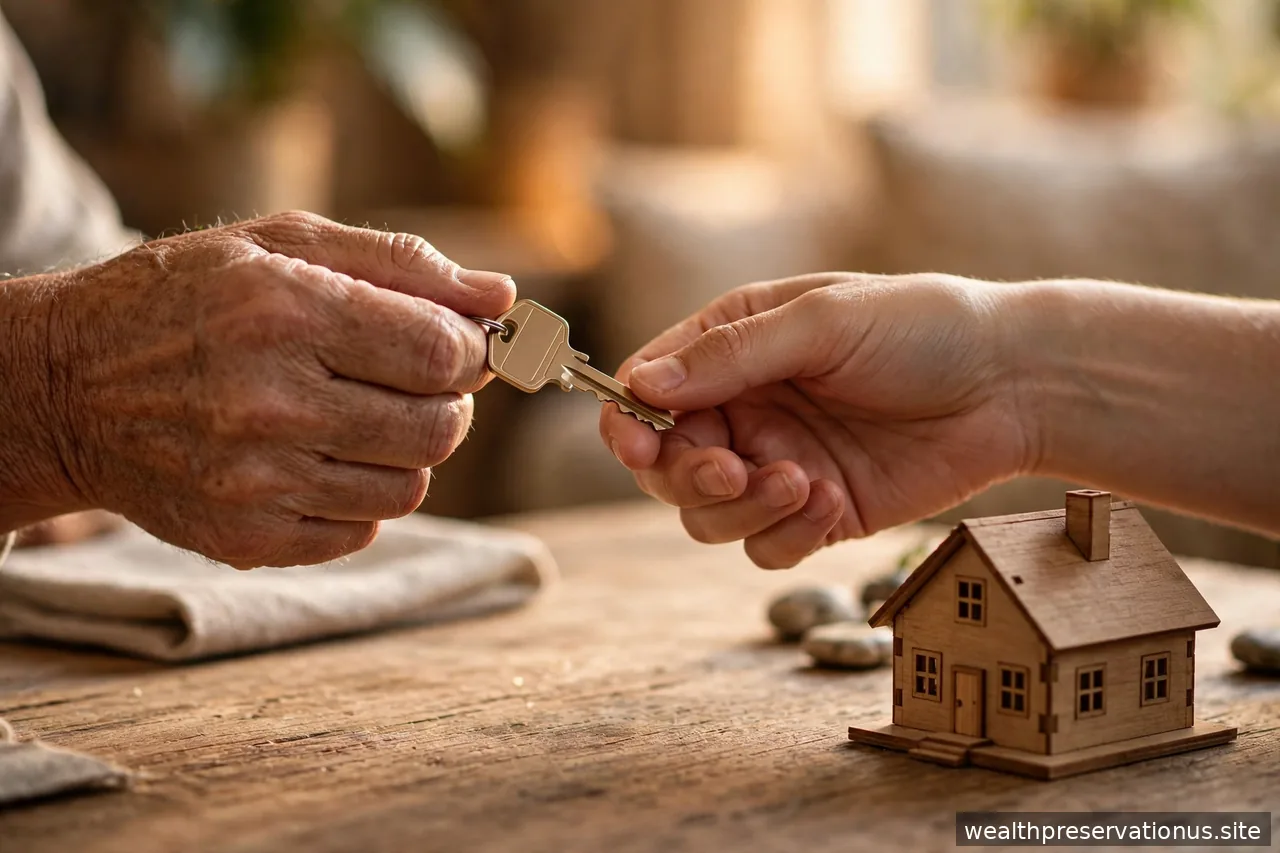 Hands exchanging a house key over a table with a small house model in warm light
