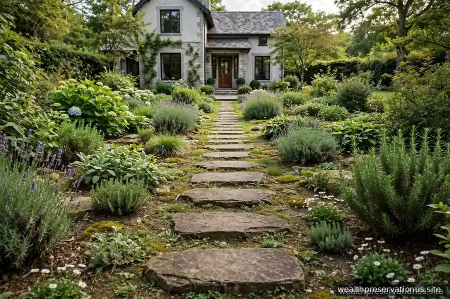 Direct path of stepping stones through a garden toward a house