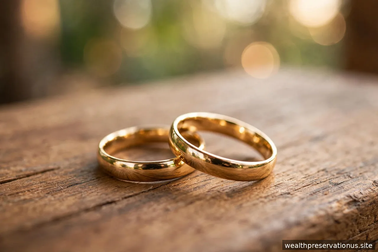 Two overlapping wedding rings on a wooden table with soft bokeh